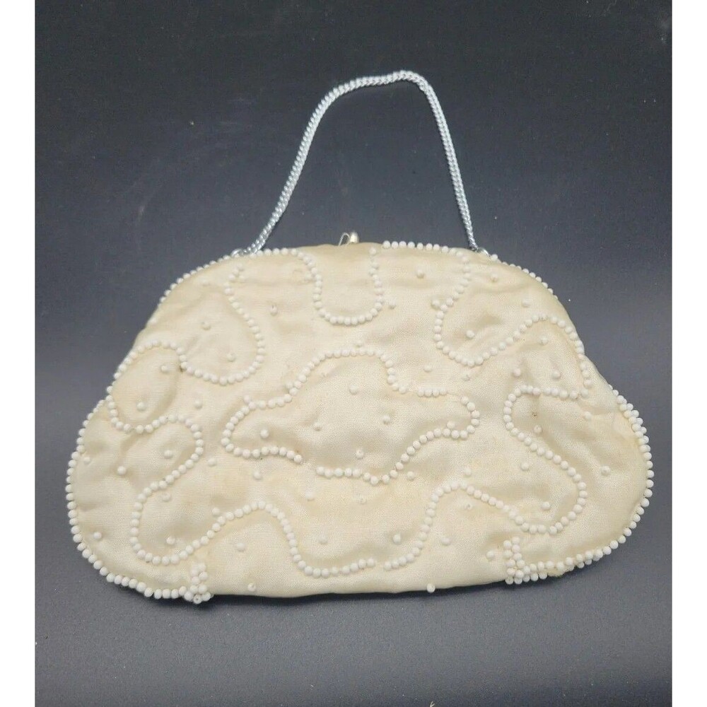 Vintage La Regale Japan Ivory Beaded Kiss Lock Clutch Purse Japan VTG Wedding